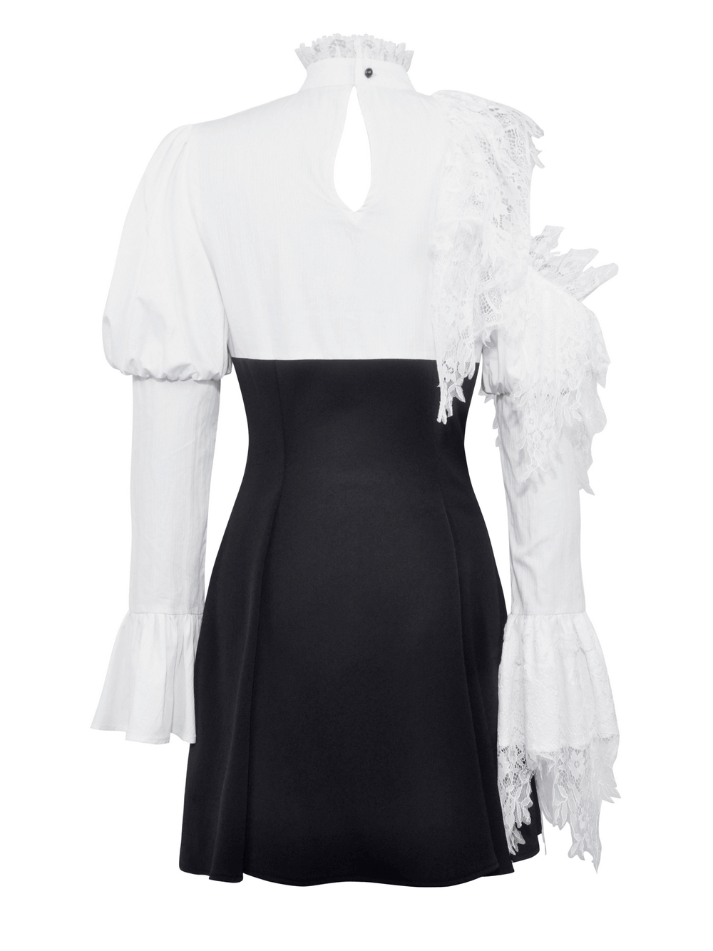 Elegant black and white Lolita dress showcasing asymmetrical lace sleeves and a ruffled neckline from the back view.