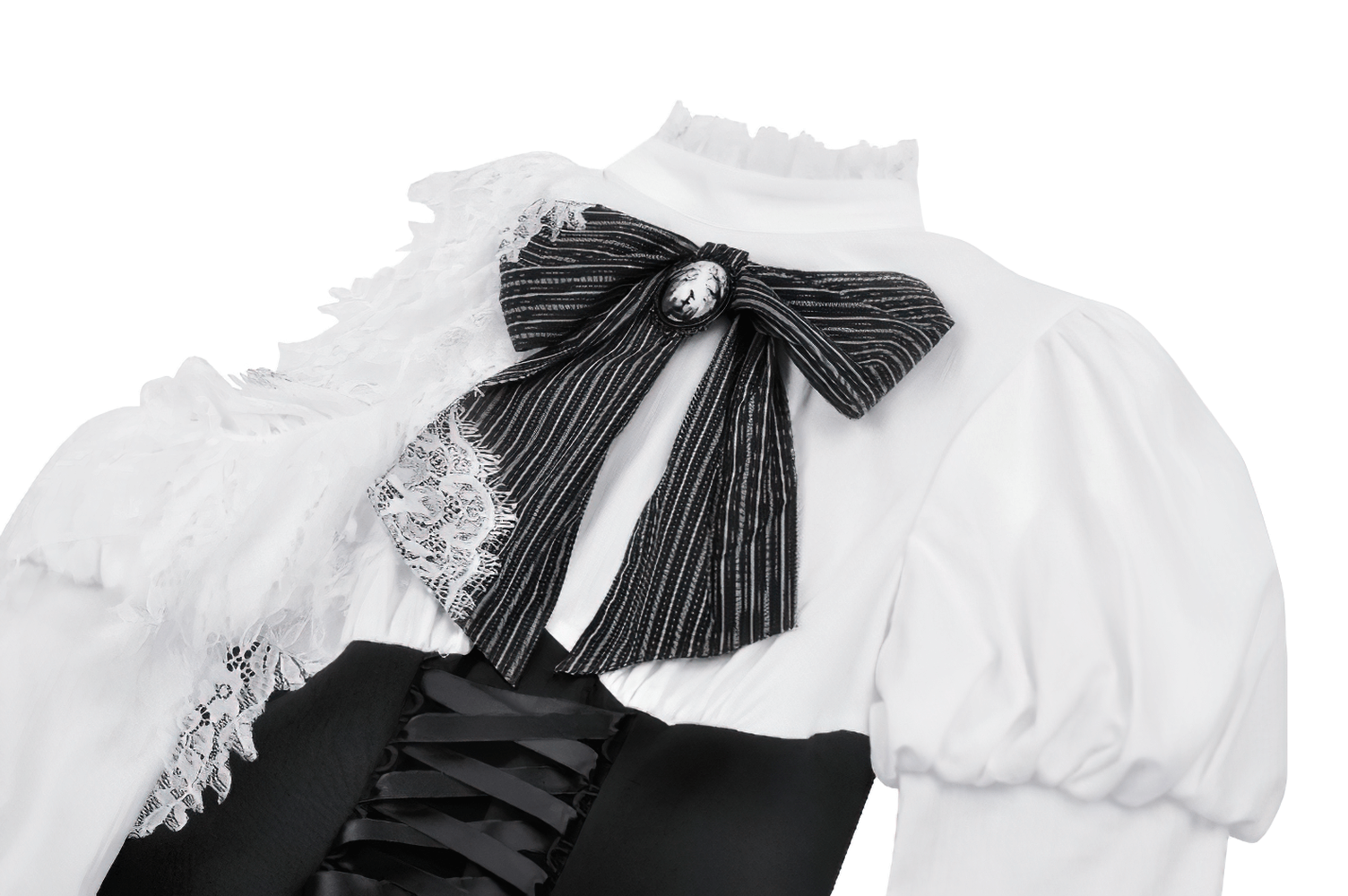 Elegant black and white Lolita dress with lace sleeves, ribbon accents, and a corset waist detail. Perfect for gothic attire.