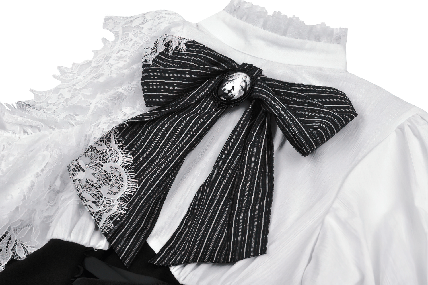 Elegant black and white ribbon brooch with lace sleeves, perfect for gothic Lolita fashion.