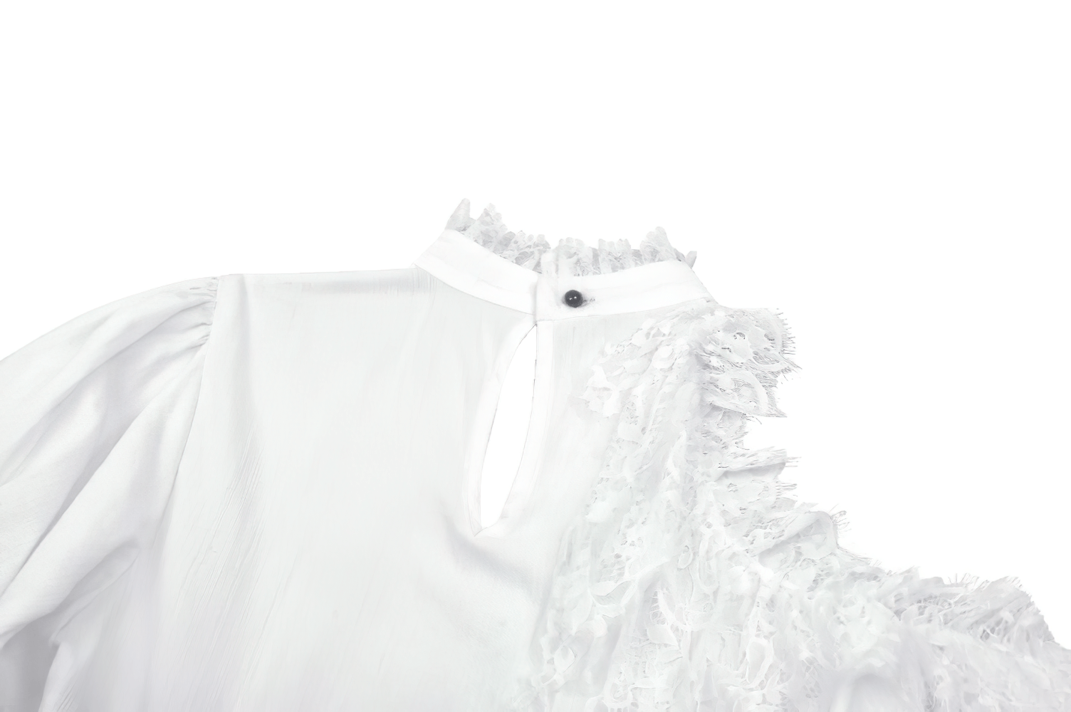 Elegant white top with ruffled lace detailing and a high neckline, perfect for gothic or alternative fashion styles.