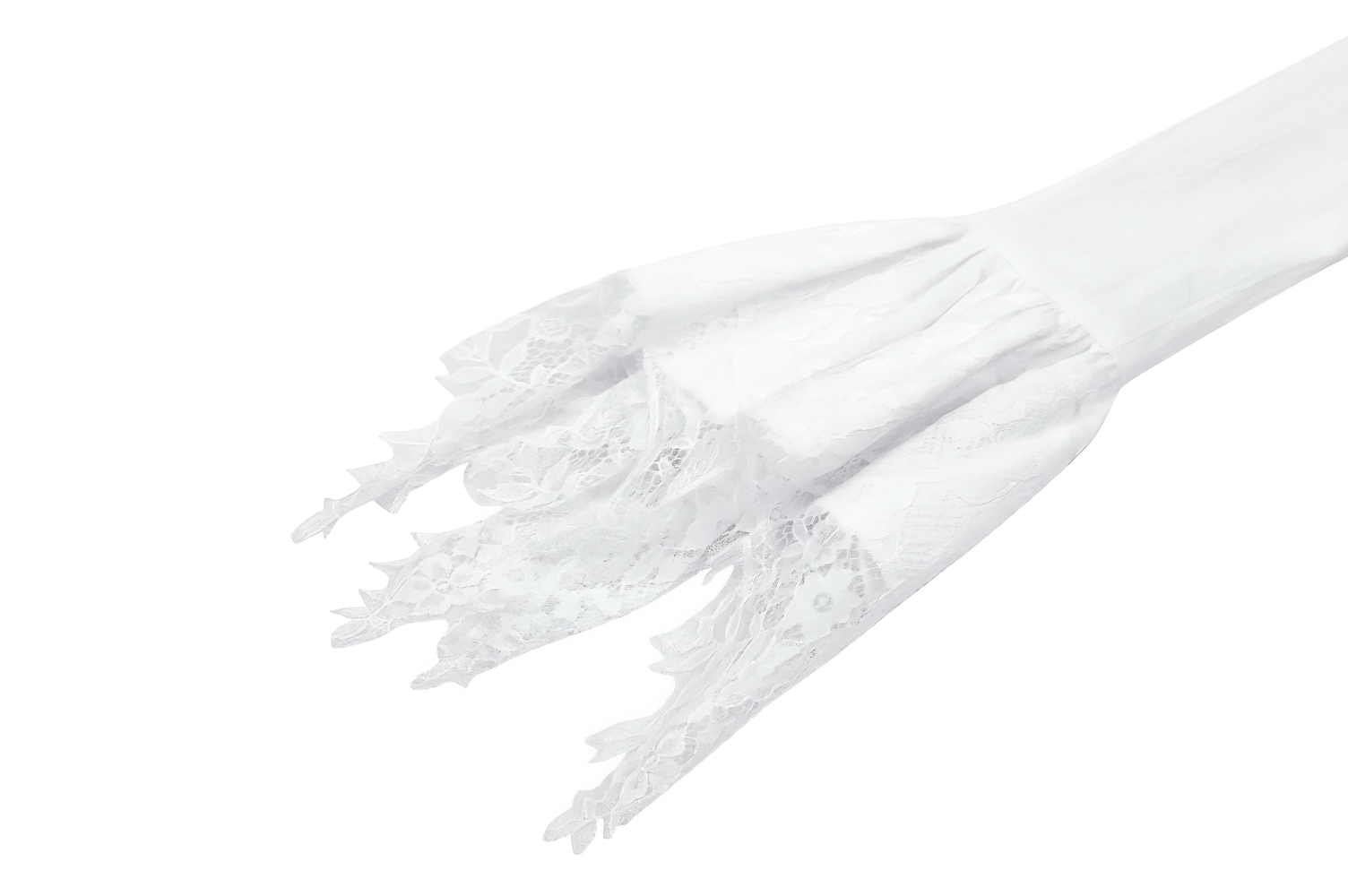 Elegant white lace sleeves with intricate detailing for a gothic-inspired look. Perfect for adding a stylish touch.