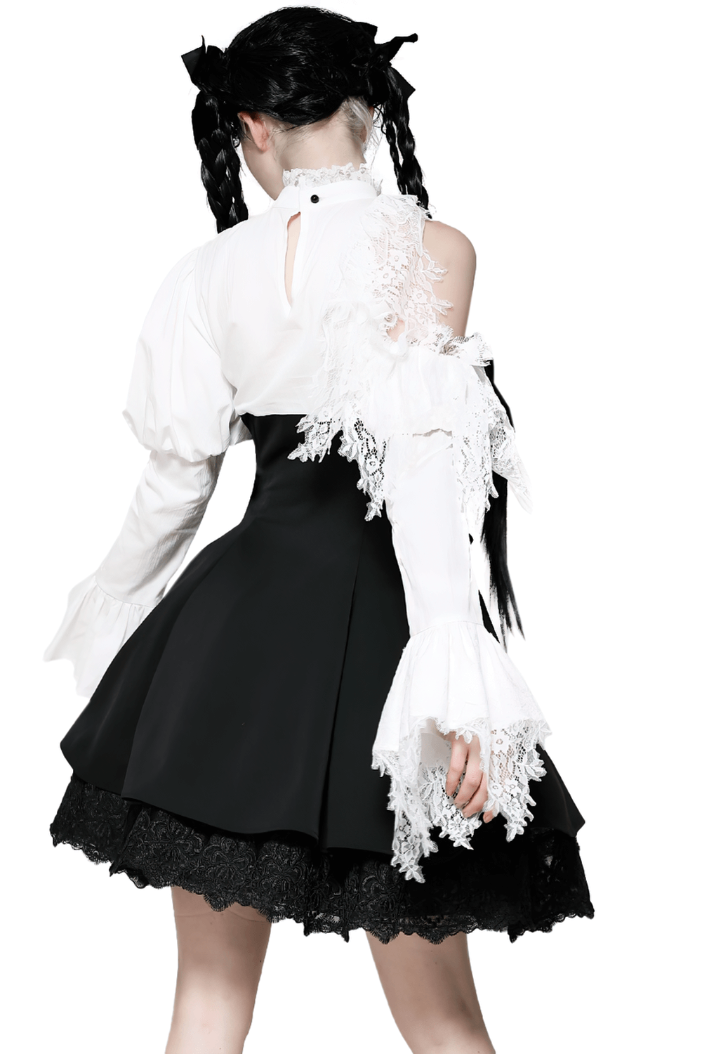 Elegant black and white Lolita dress with lace sleeves and corset waist, perfect for gothic events and alternative fashion.