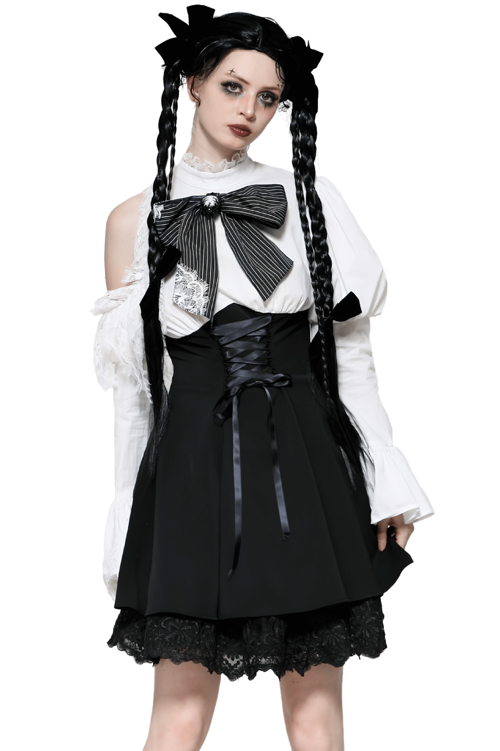 Gothic black and white Lolita dress with lace sleeves, corset waist, and striped ribbon bow, perfect for alternative fashion.