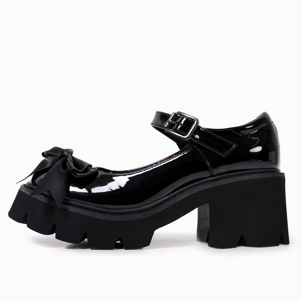 Lolita Patent Mary Jane Shoes with Bow and Heels black gothic platform shoes with buckle strap and satin bow