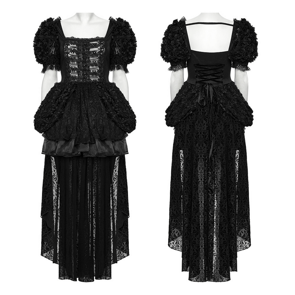 Gothic female black lace Renaissance corset dress with puff sleeves and intricate detailing.