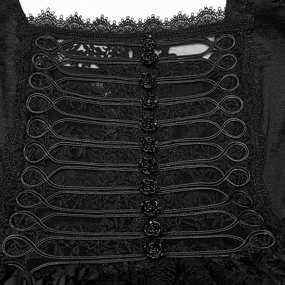Close-up of black lace corset dress with rose buttons and intricate lace detailing, showcasing gothic elegance.