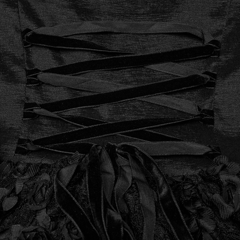 Close-up of the black lace corset detail with crisscross ribbons, showcasing intricate gothic design elements.