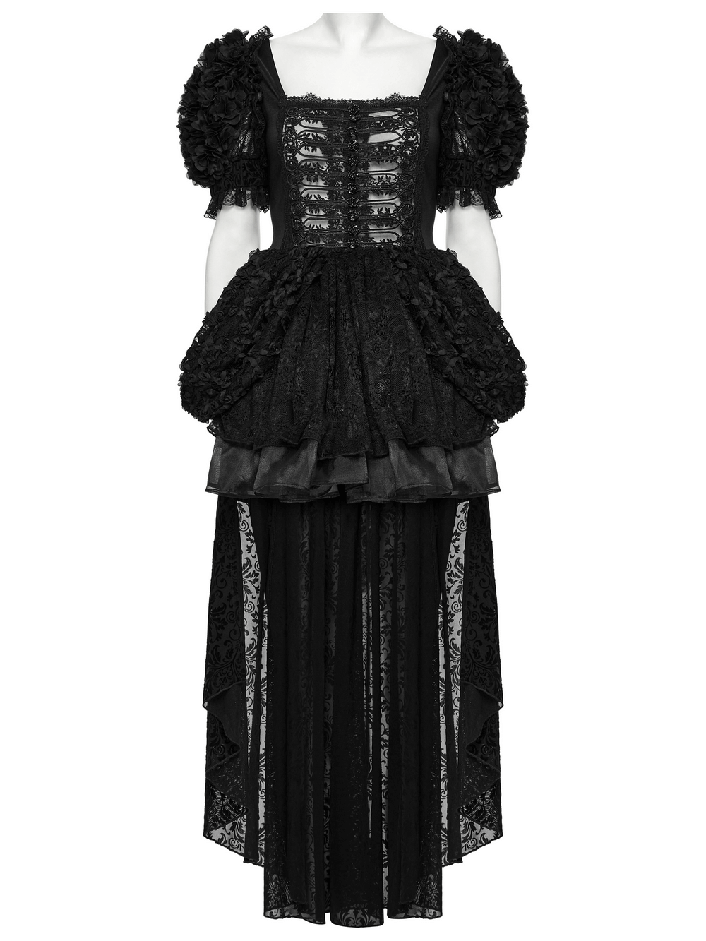 Gothic black lace dress with puff sleeves, square neckline, and 3D embroidered details for elegant style.