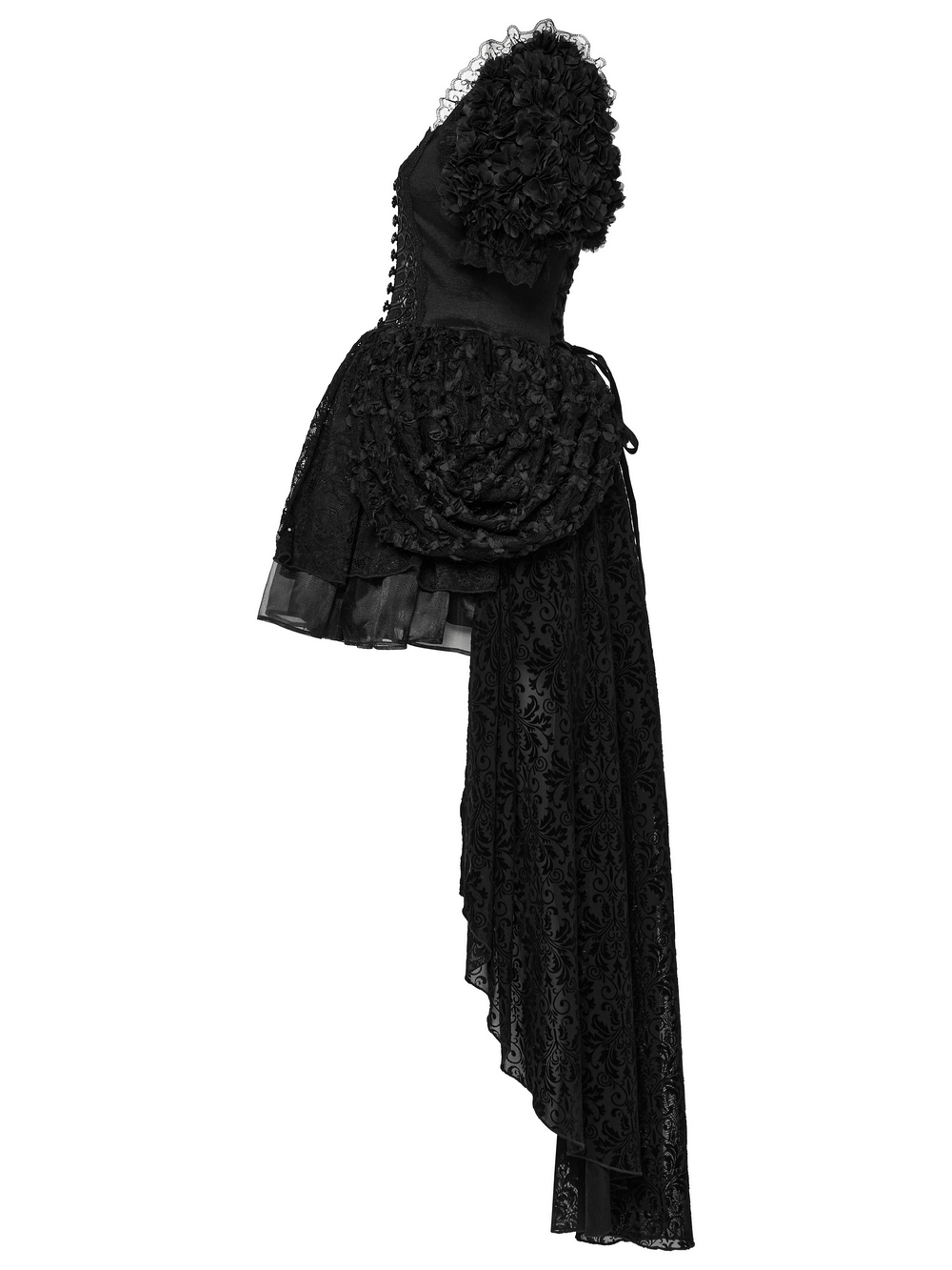 Gothic black lace dress with puff sleeves, intricate design, rose buttons, and a dramatic asymmetrical hem.