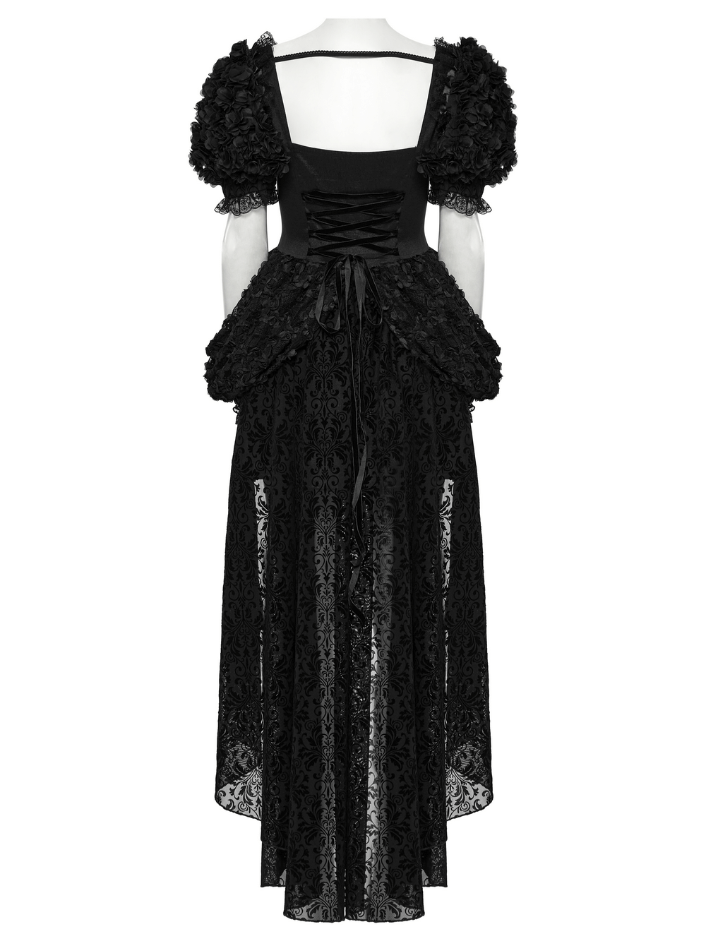 Back view of a gothic black lace renaissance corset dress with puff sleeves and 3D floral details, perfect for elegant looks.
