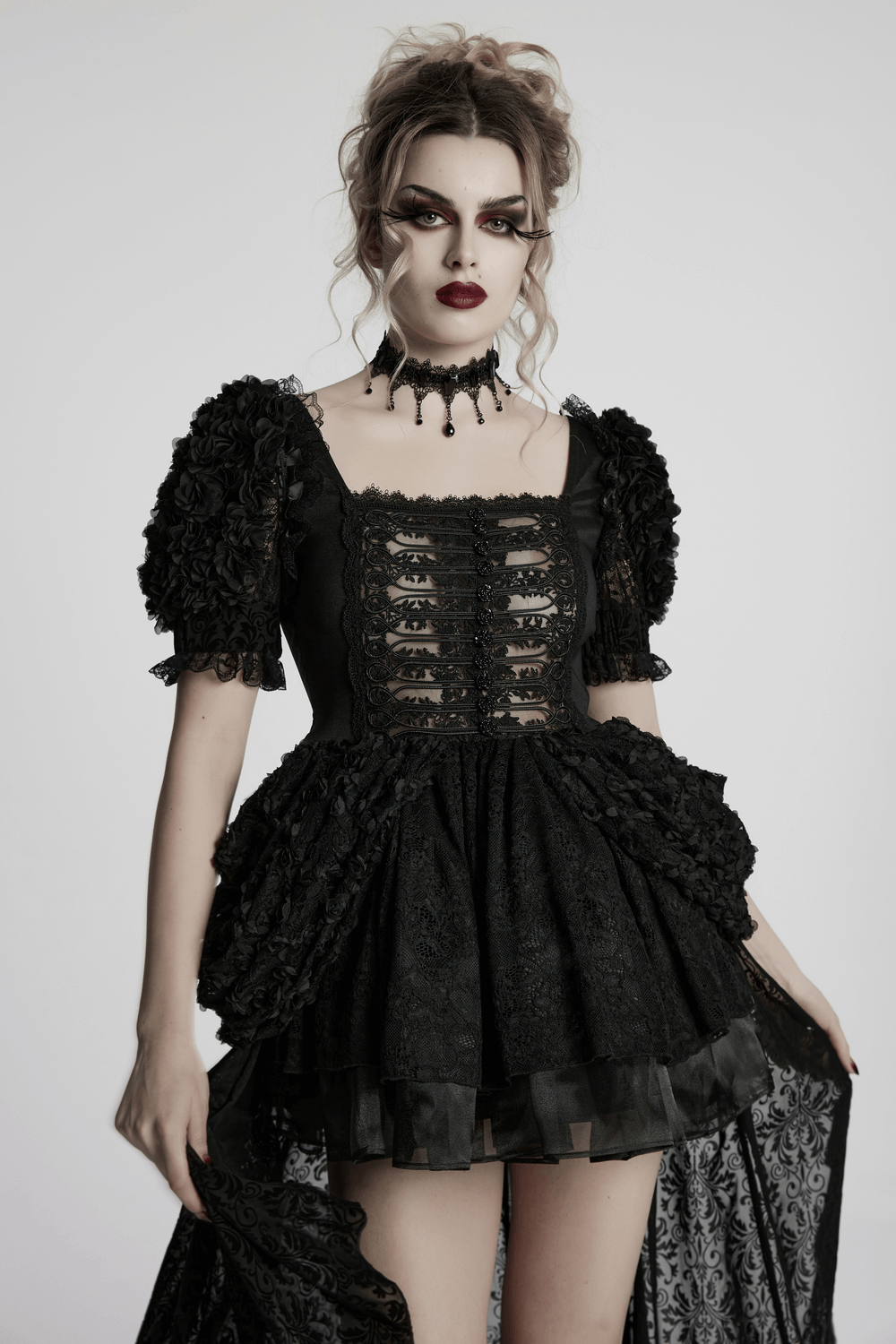 Gothic black lace dress with puff sleeves, square neckline, and intricate rose buttons for dramatic gothic elegance.