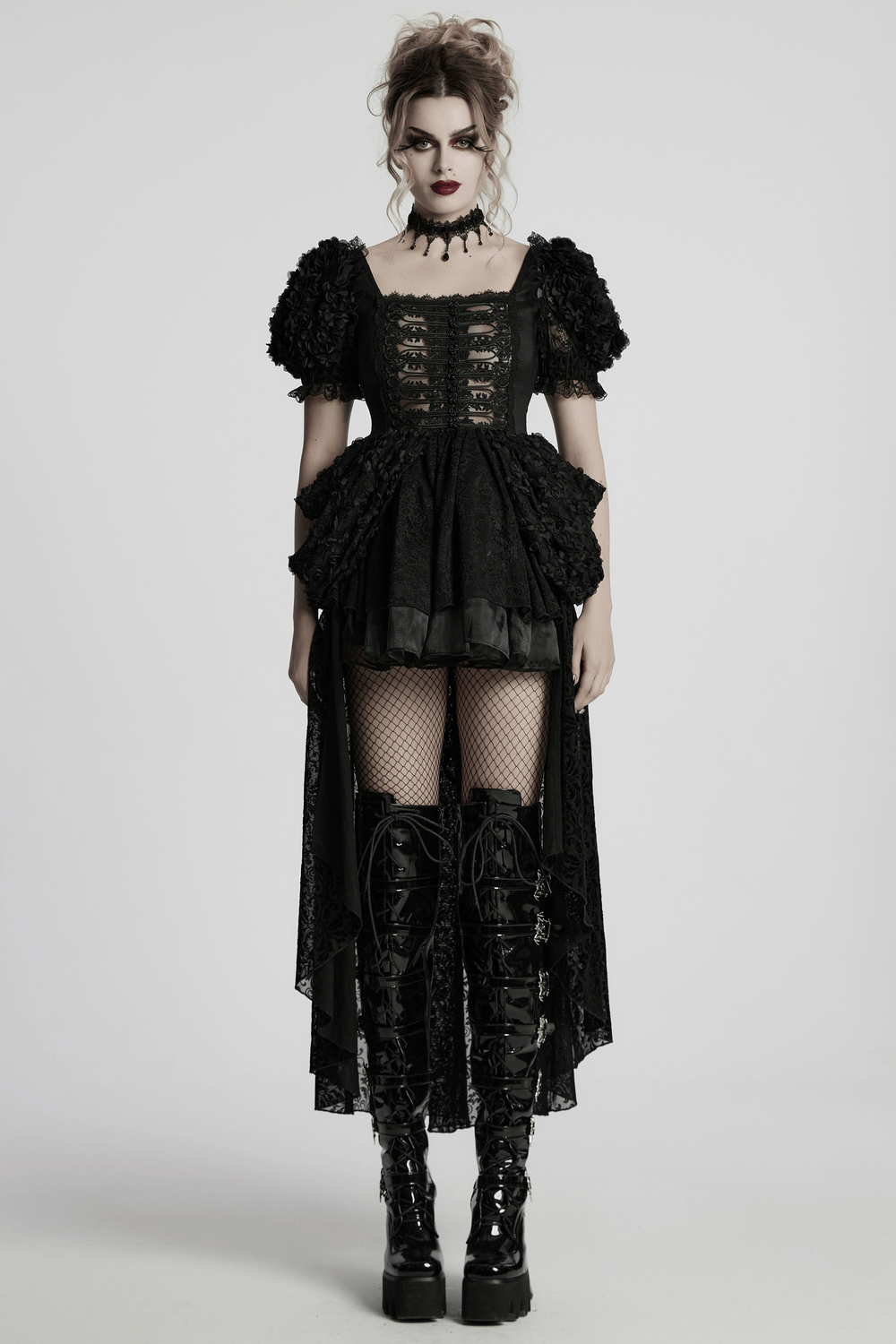 Gothic black lace dress with puff sleeves, corset design, and dramatic 3D skirt, perfect for elegant gothic looks.