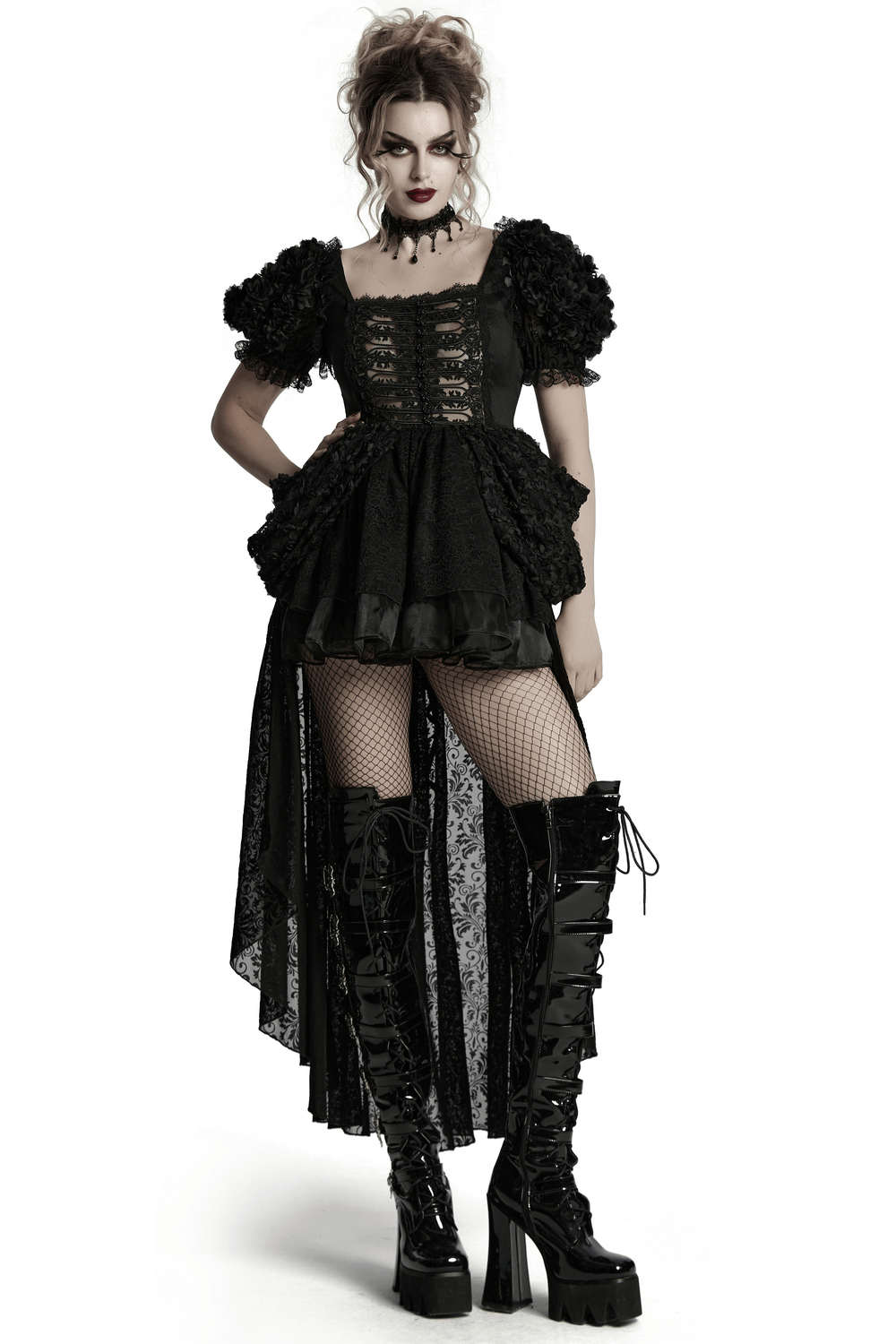 Gothic black lace dress with puff sleeves, thigh-high boots, and intricate detailing for a dramatic look.
