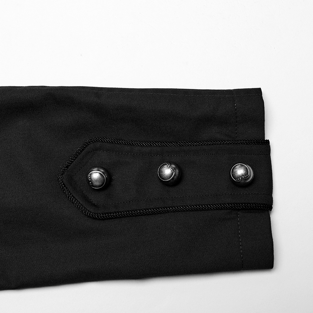 Close-up of the cuff detailing on a long black military-style trench coat for men, featuring stylish buttons.
