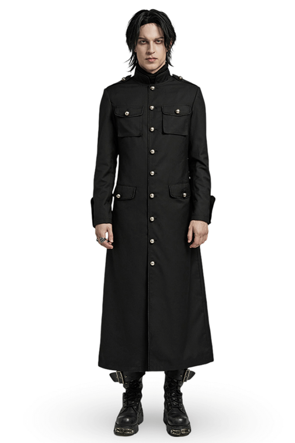 Long Black Military-Style Trench Coat for Men