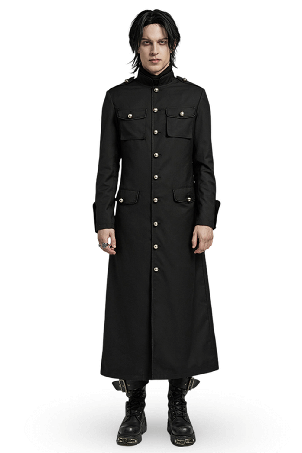 Men's long black military-style trench coat with distinctive design and fitted silhouette.