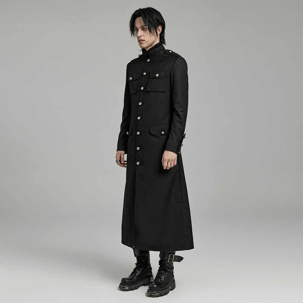Long black military-style trench coat for men, featuring a fitted design and bold buttons for a sharp silhouette.