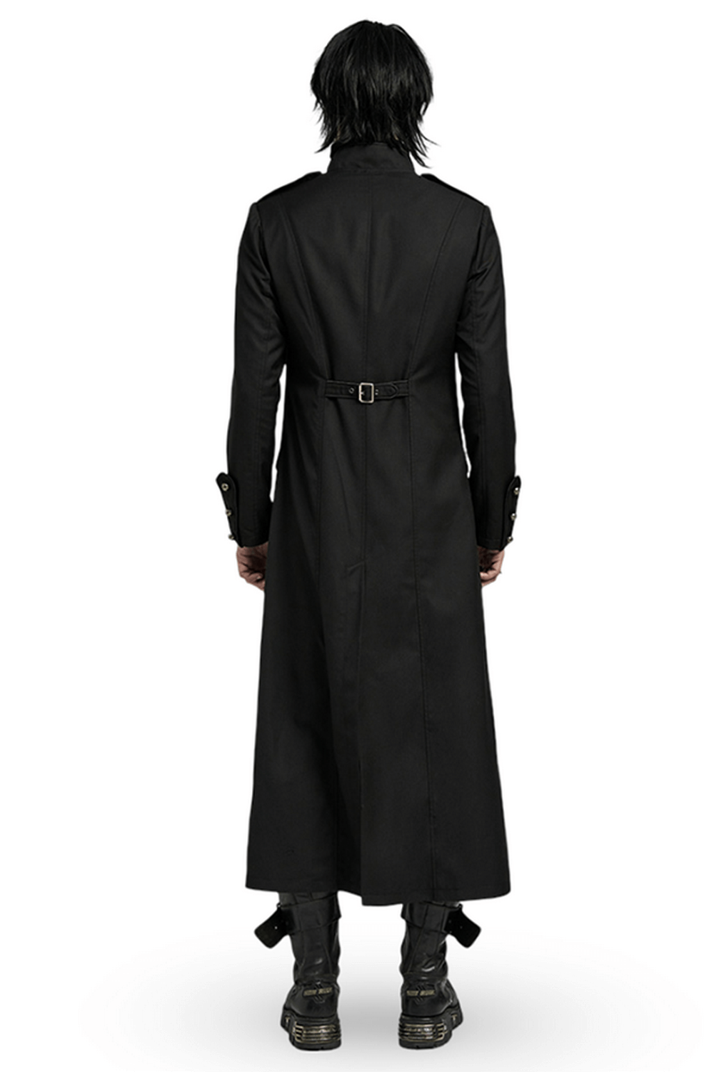 Back view of a long black military-style trench coat for men, featuring a fitted design and stylish buckle detail.