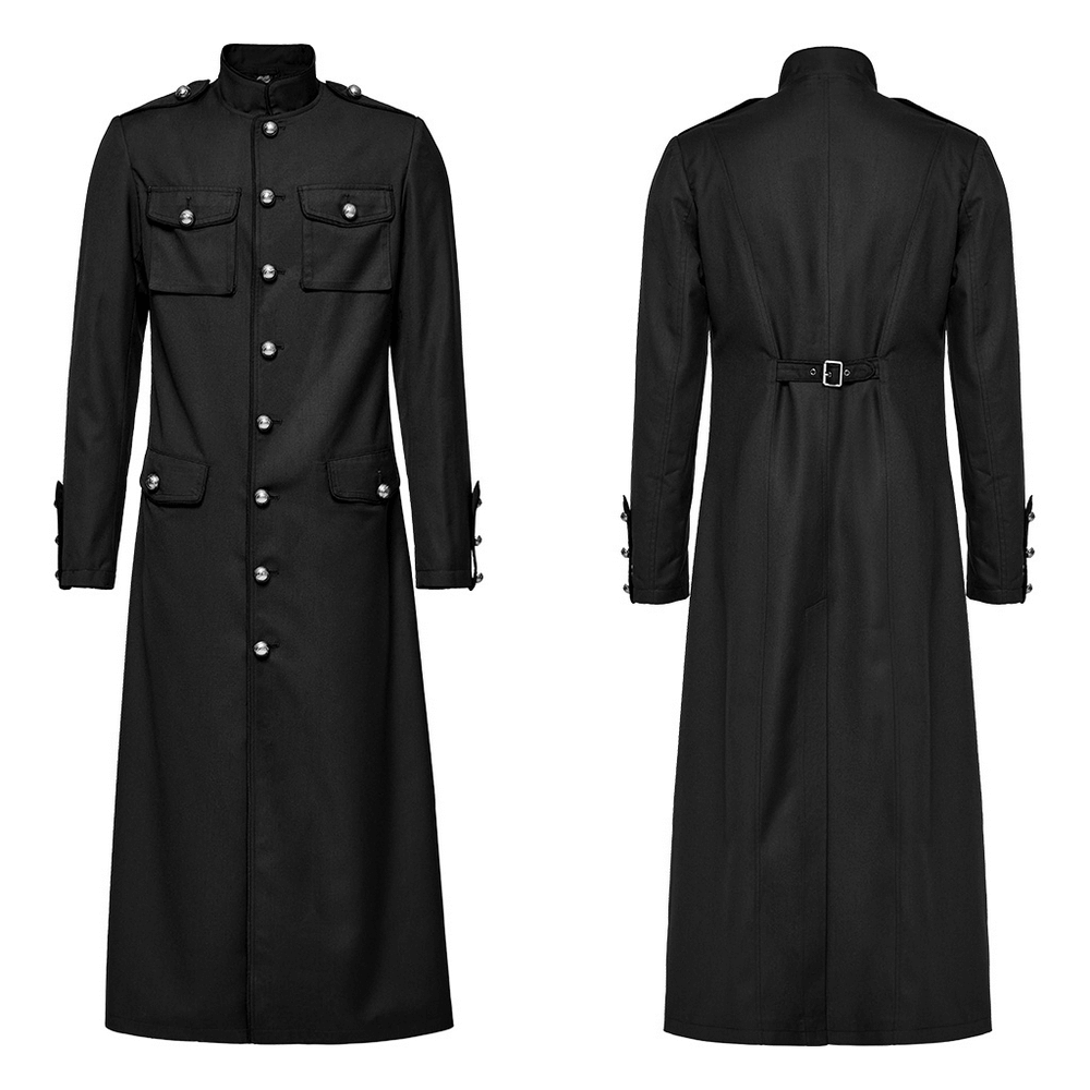 Long black military-style trench coat for men, showcasing front and back design with fitted silhouette and button details.