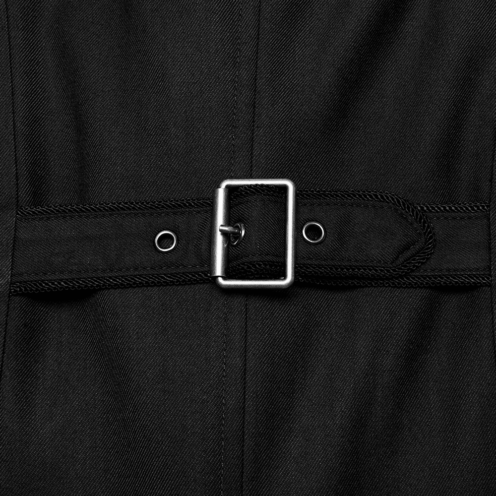 Close-up of a black military-style trench coat belt with a silver buckle detail.