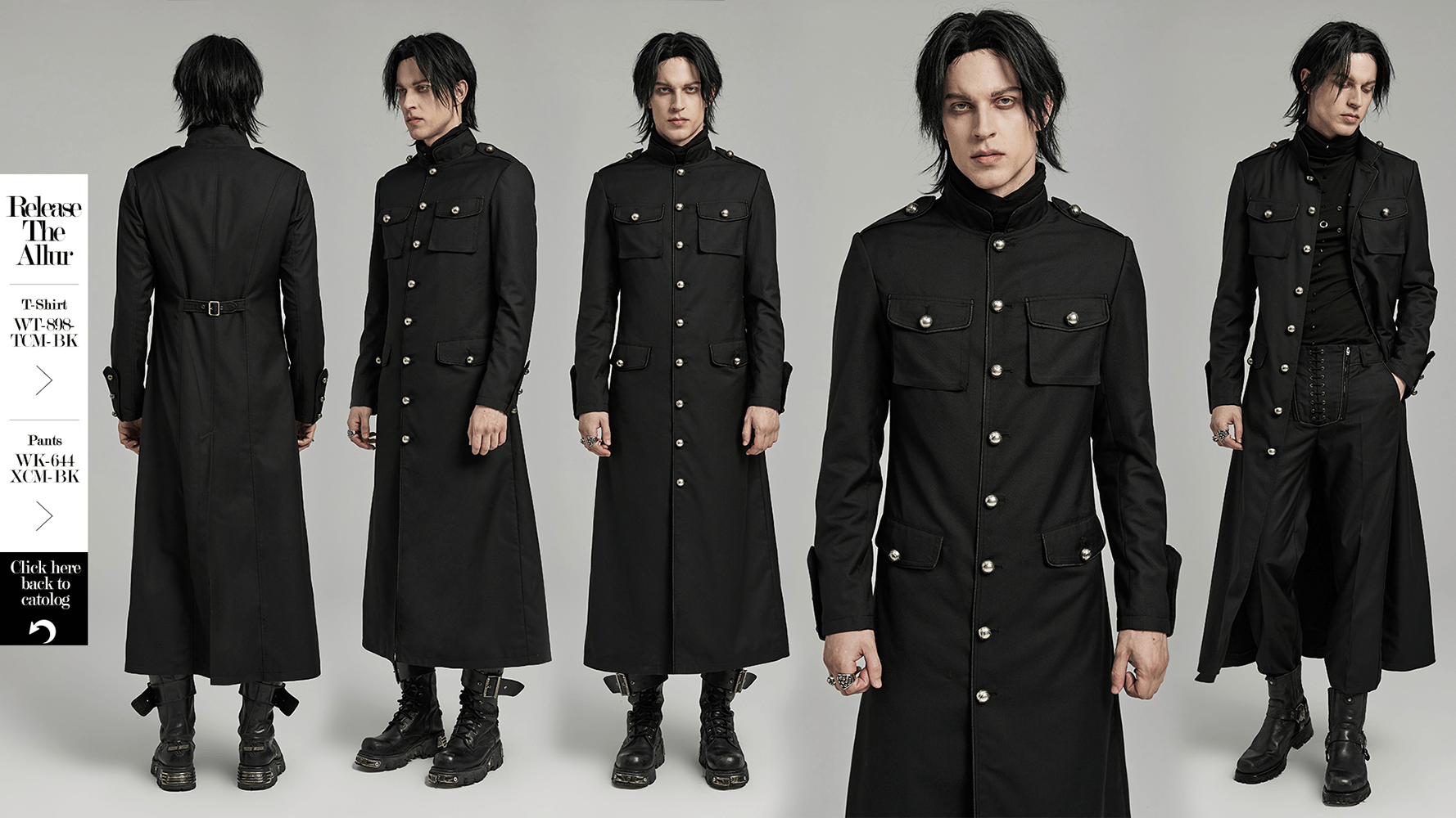 Men's long black military-style trench coat with a fitted design and distinctive red edges.