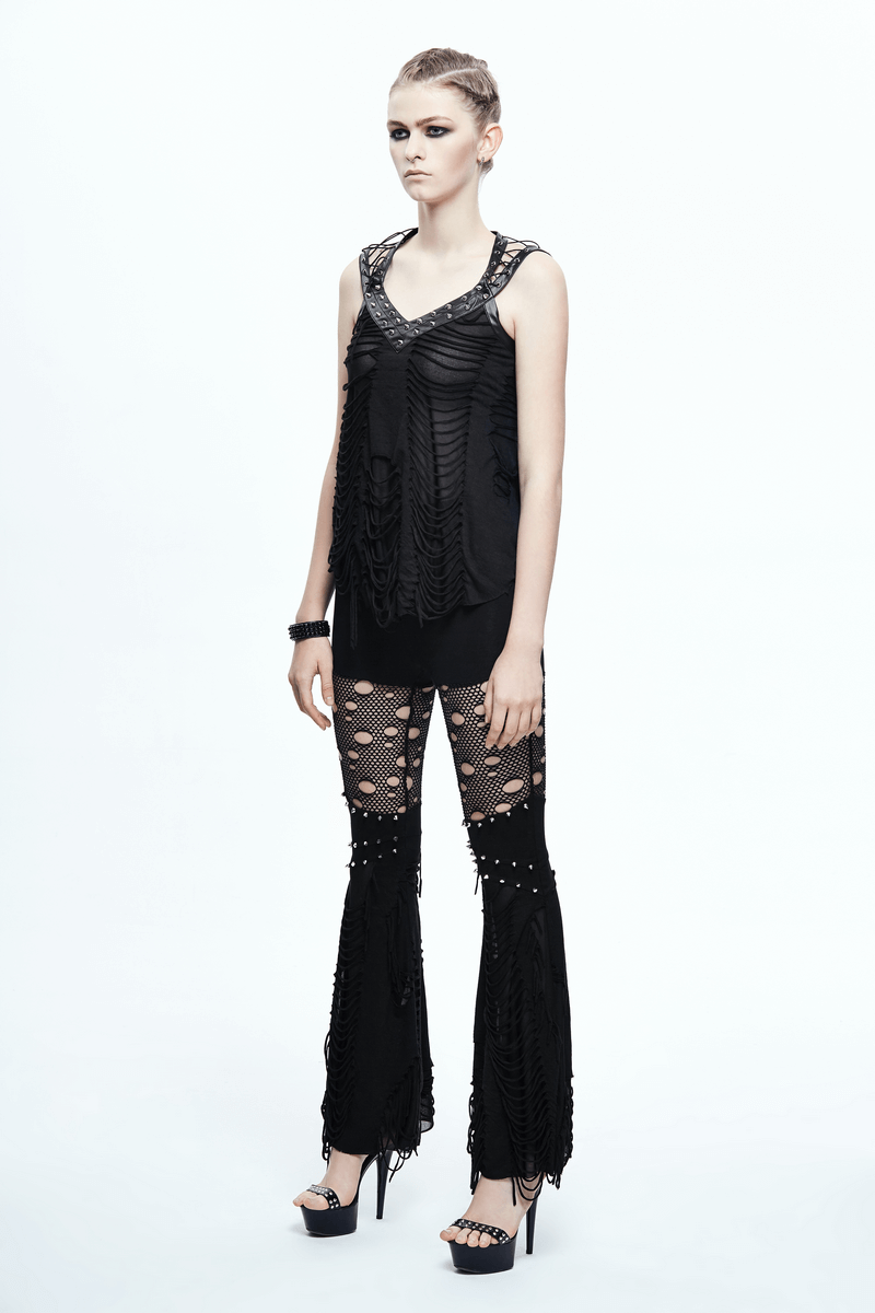 Punk style women's black top with ripped effect and lace-up leatherette straps, paired with matching ripped pants.