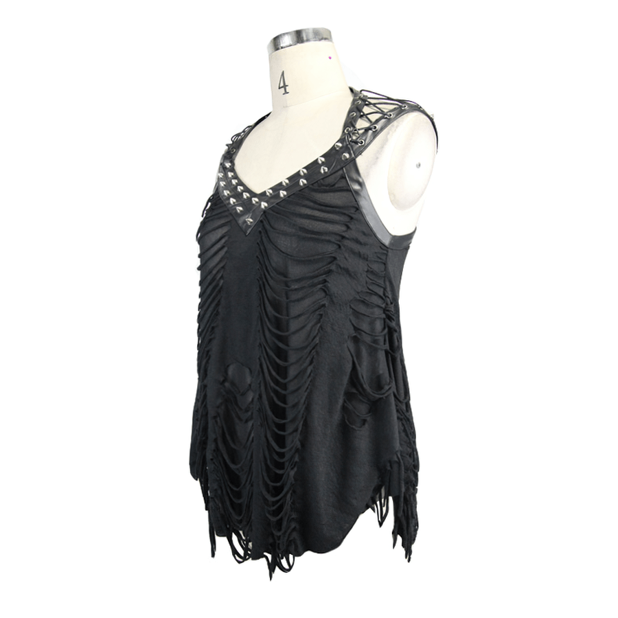 Punk style women's black top with ripped effect and leatherette straps, accented with silver spikes.