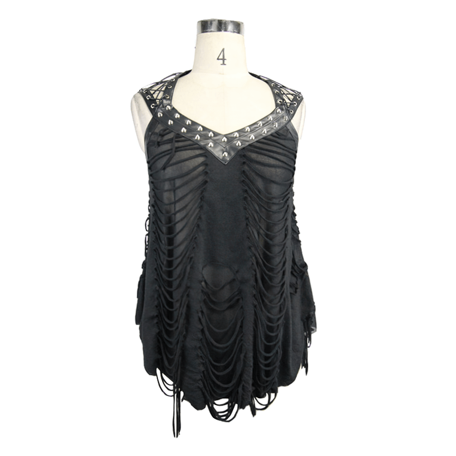 Women's black top with ripped effect and silver spikes, perfect for punk style fashion.