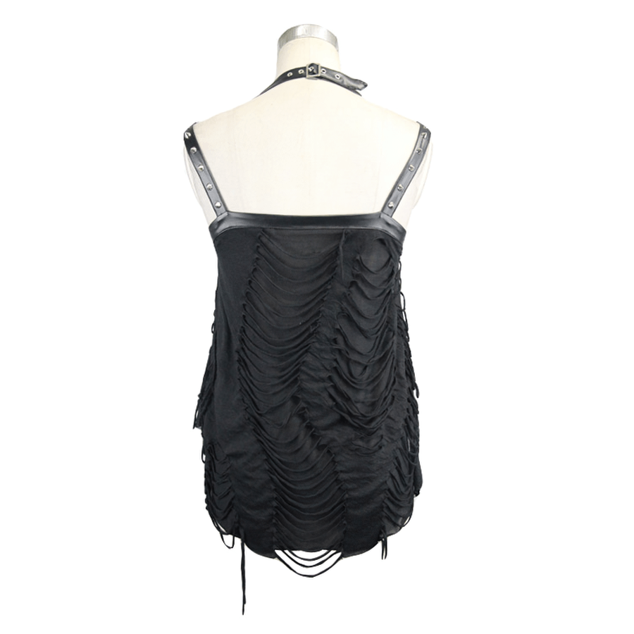Back view of a women's black punk top with ripped effect and leatherette straps, showcasing stylish lacings.
