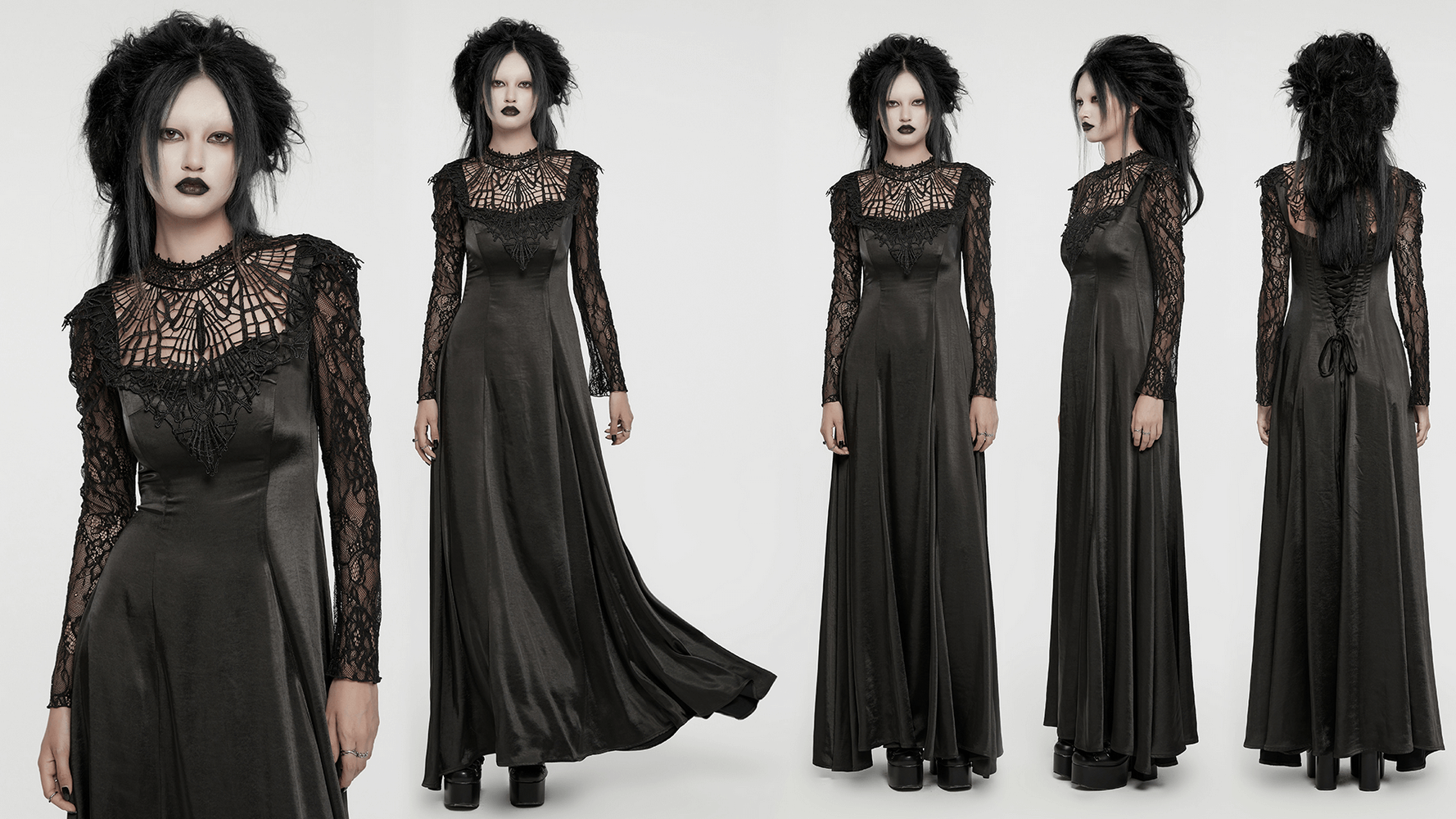 Long Gothic dress with lace sleeves, drawstring back, and intricate floral mesh details for a hauntingly elegant look.