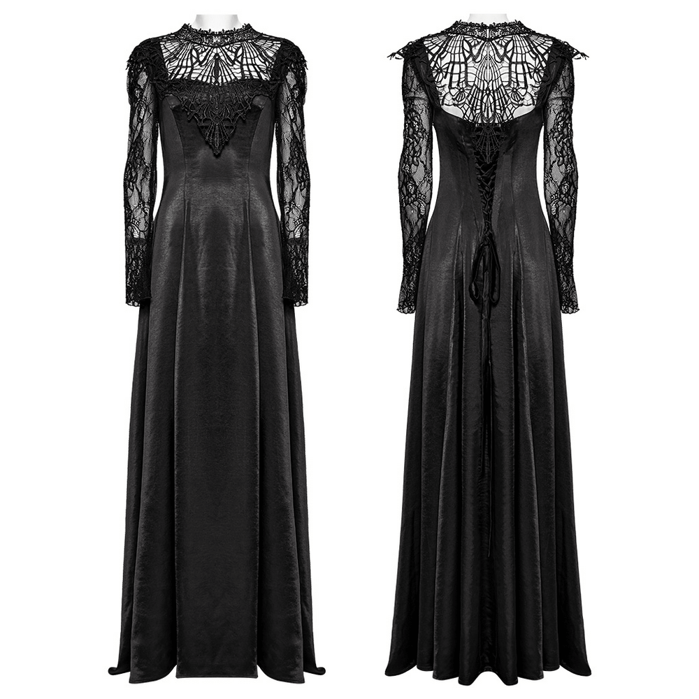 Elegant long gothic dress with lace sleeves, drawstring back, and pearl button details.