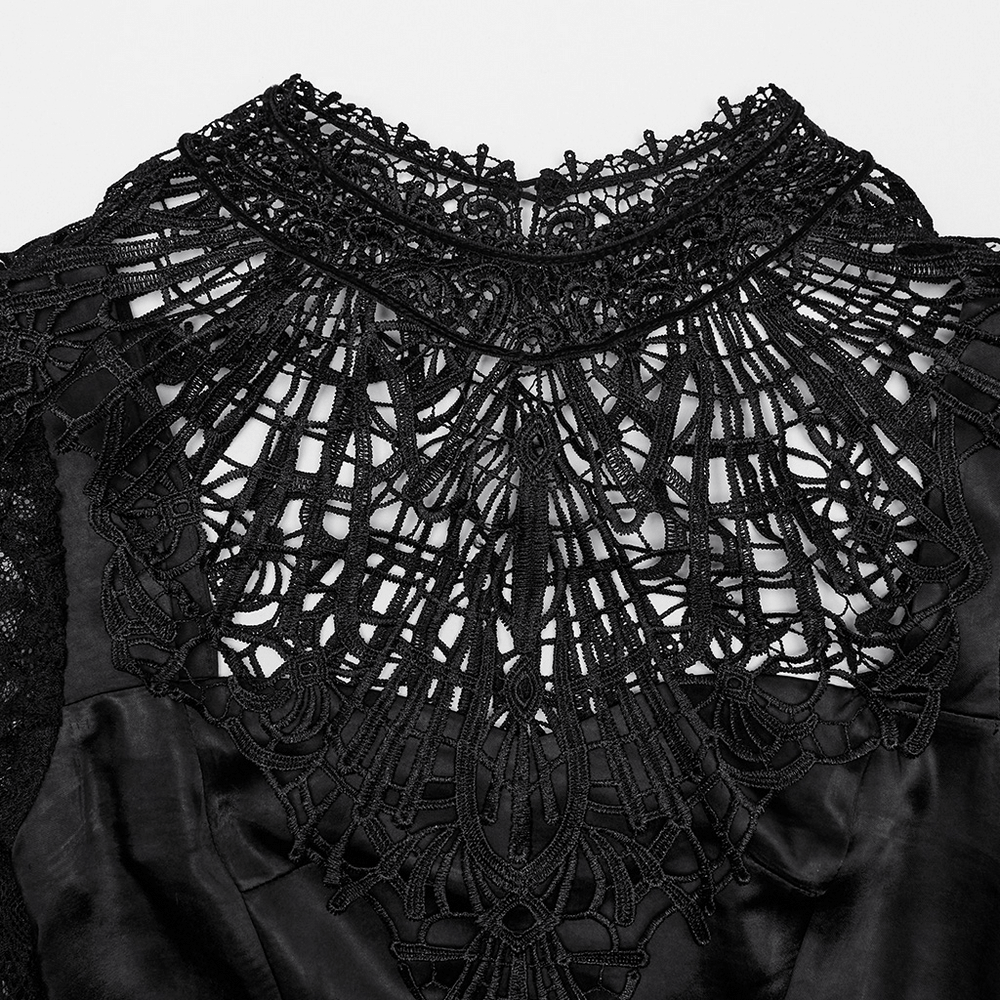Close-up of elegant Gothic dress collar featuring intricate lace detailing and shiny black fabric.