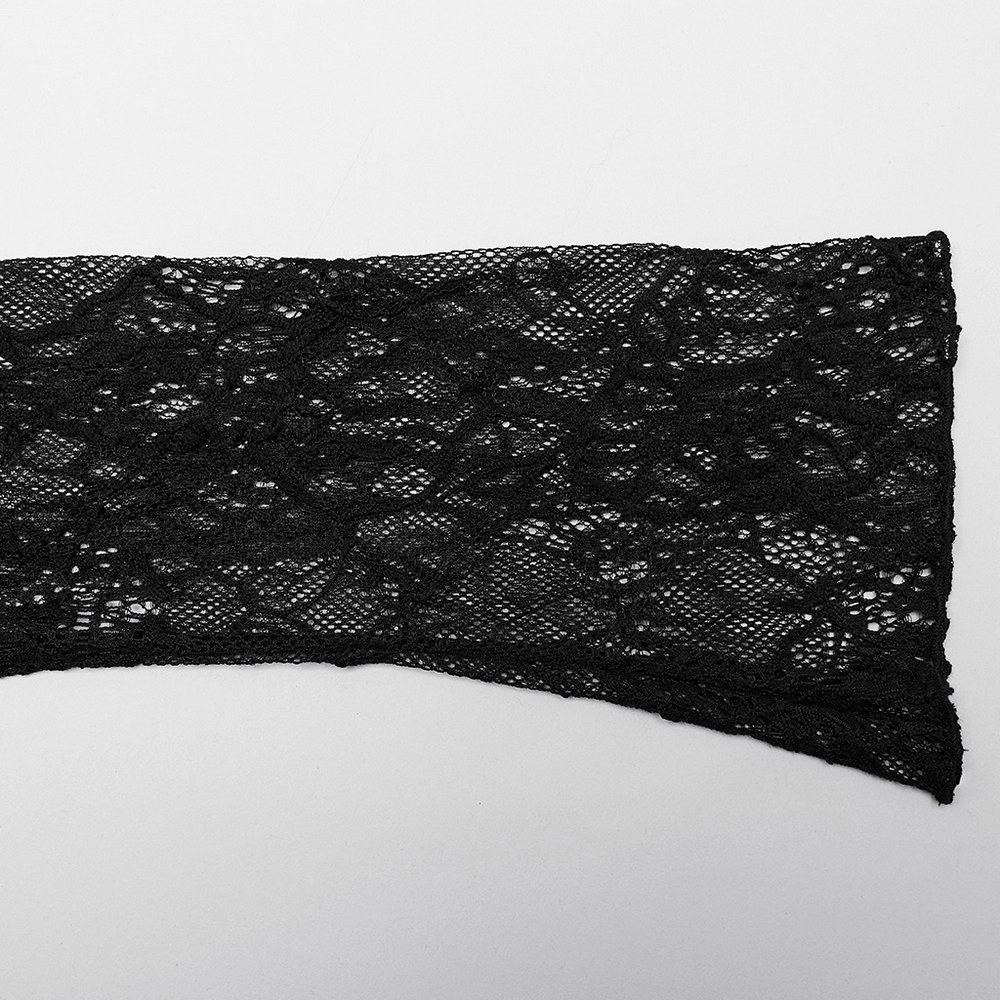 Black lace fabric showcasing intricate floral patterns, perfect for gothic dress details.