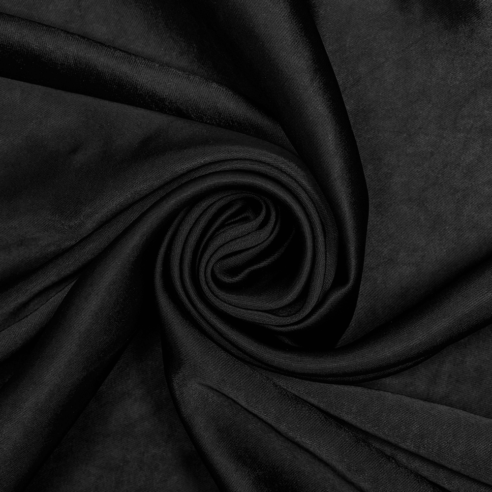 Close-up of luxurious black satin fabric, showcasing its smooth, lustrous texture ideal for elegant Gothic dresses.