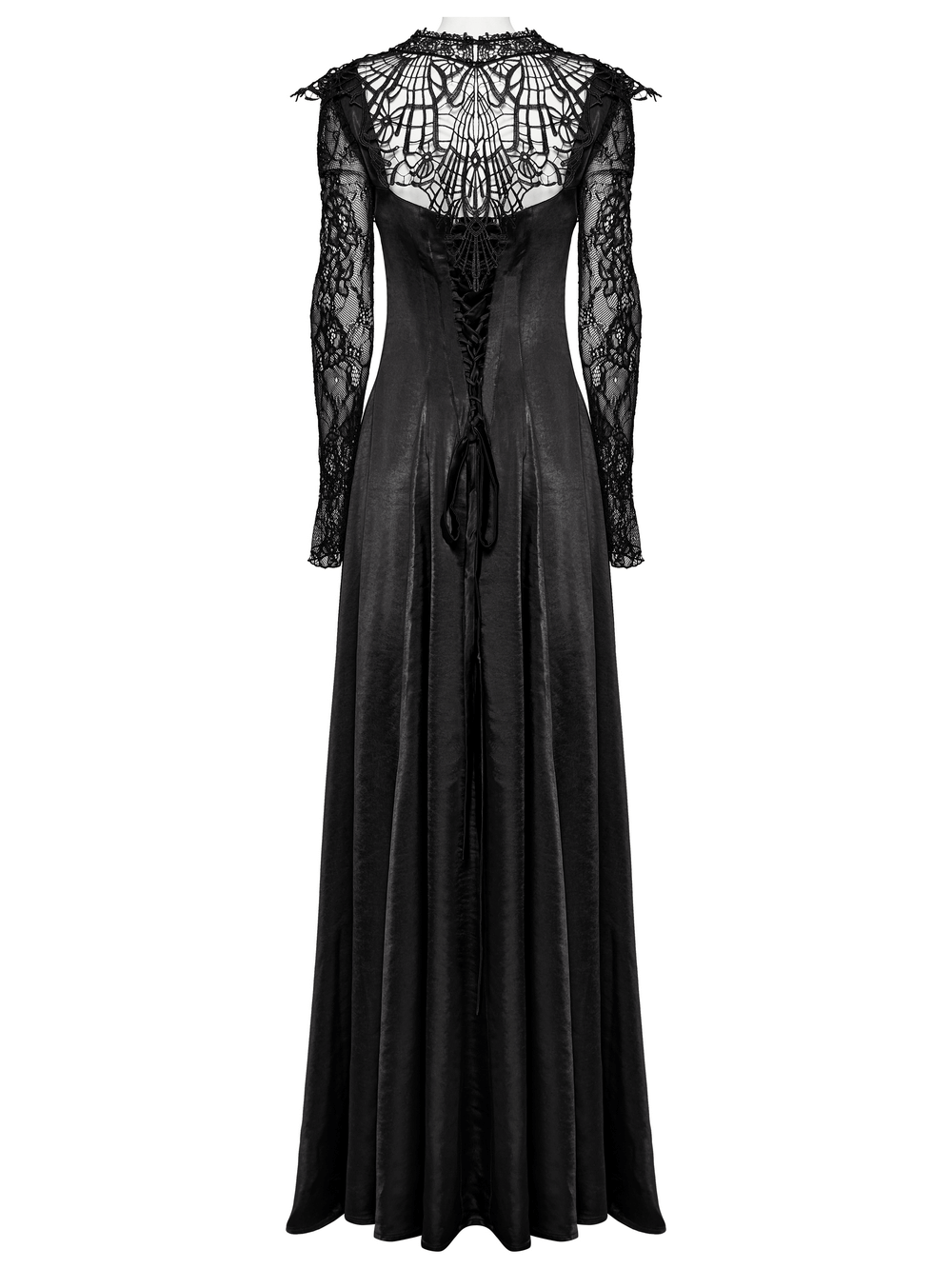 Elegant long gothic dress with lace sleeves and drawstring back, featuring intricate floral mesh and pearl button details.