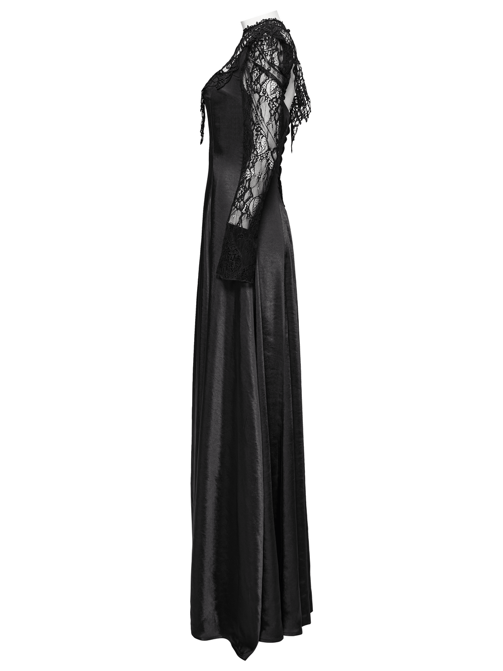 Elegant long gothic dress with lace sleeves and drawstring back, featuring shiny fabric and intricate floral details.