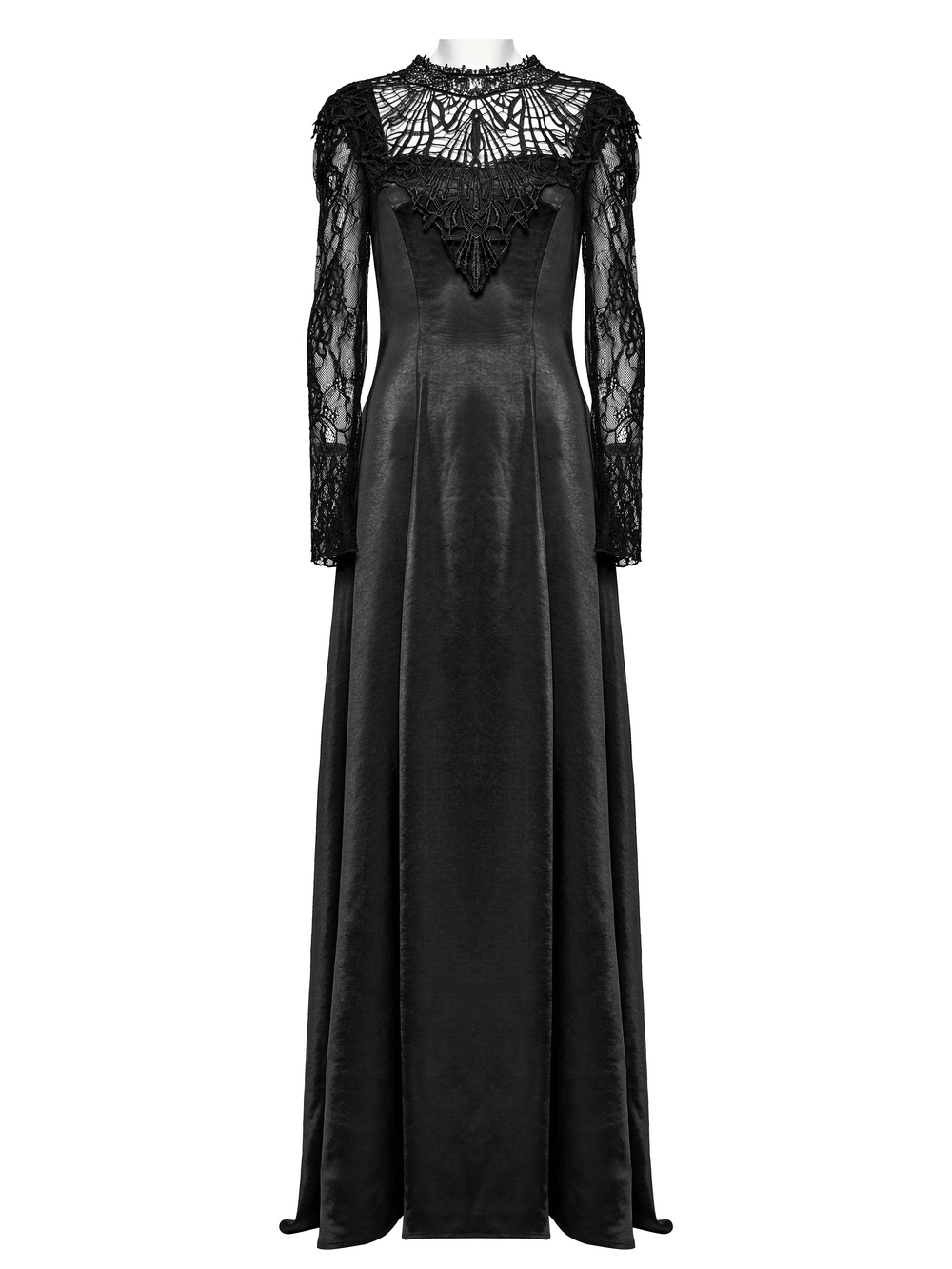 Elegant long black gothic dress with lace sleeves and drawstring back, featuring intricate floral mesh and pearl buttons.