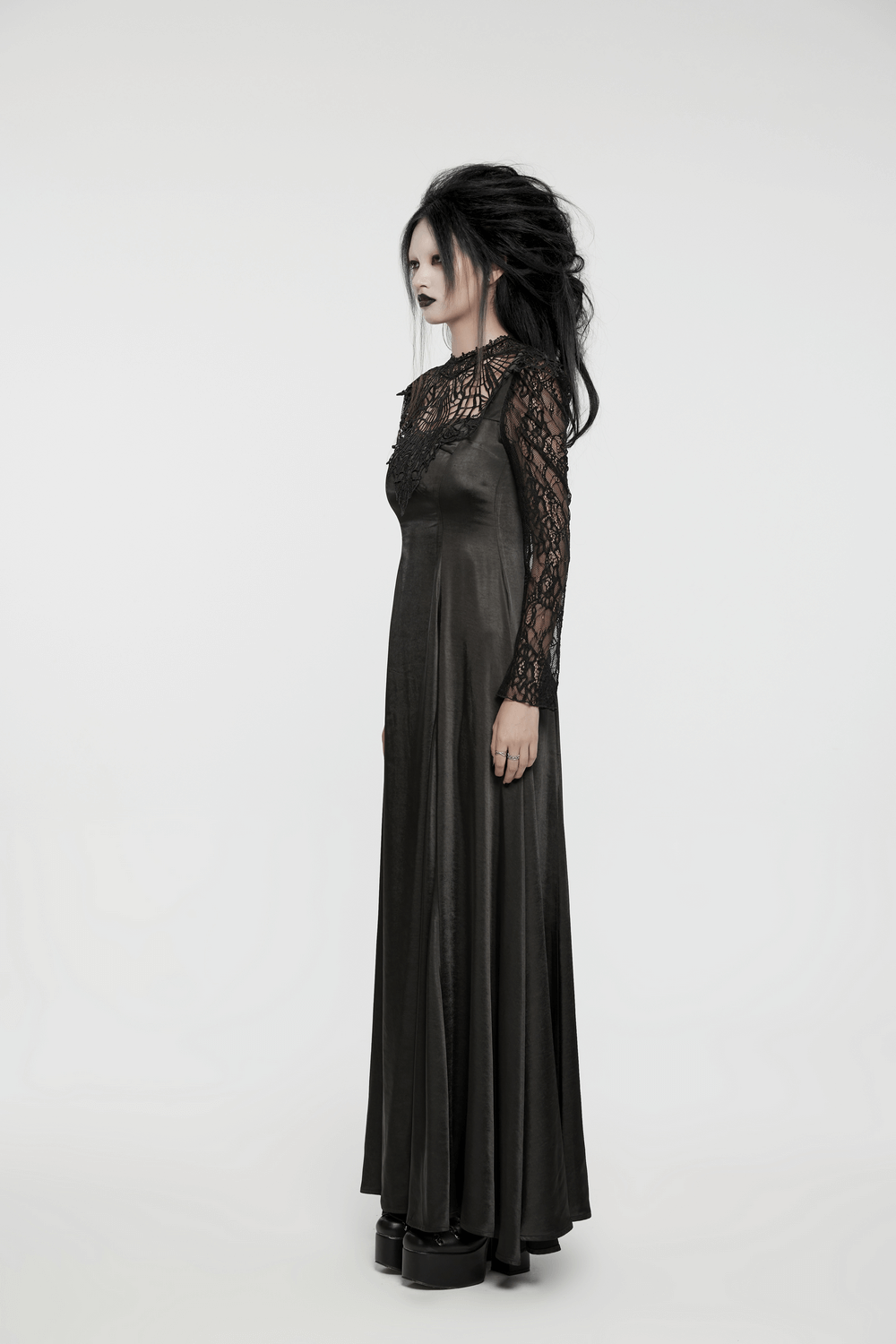 Elegant long Gothic dress with lace sleeves and a drawstring back, adorned with pearl buttons and a lustrous finish.