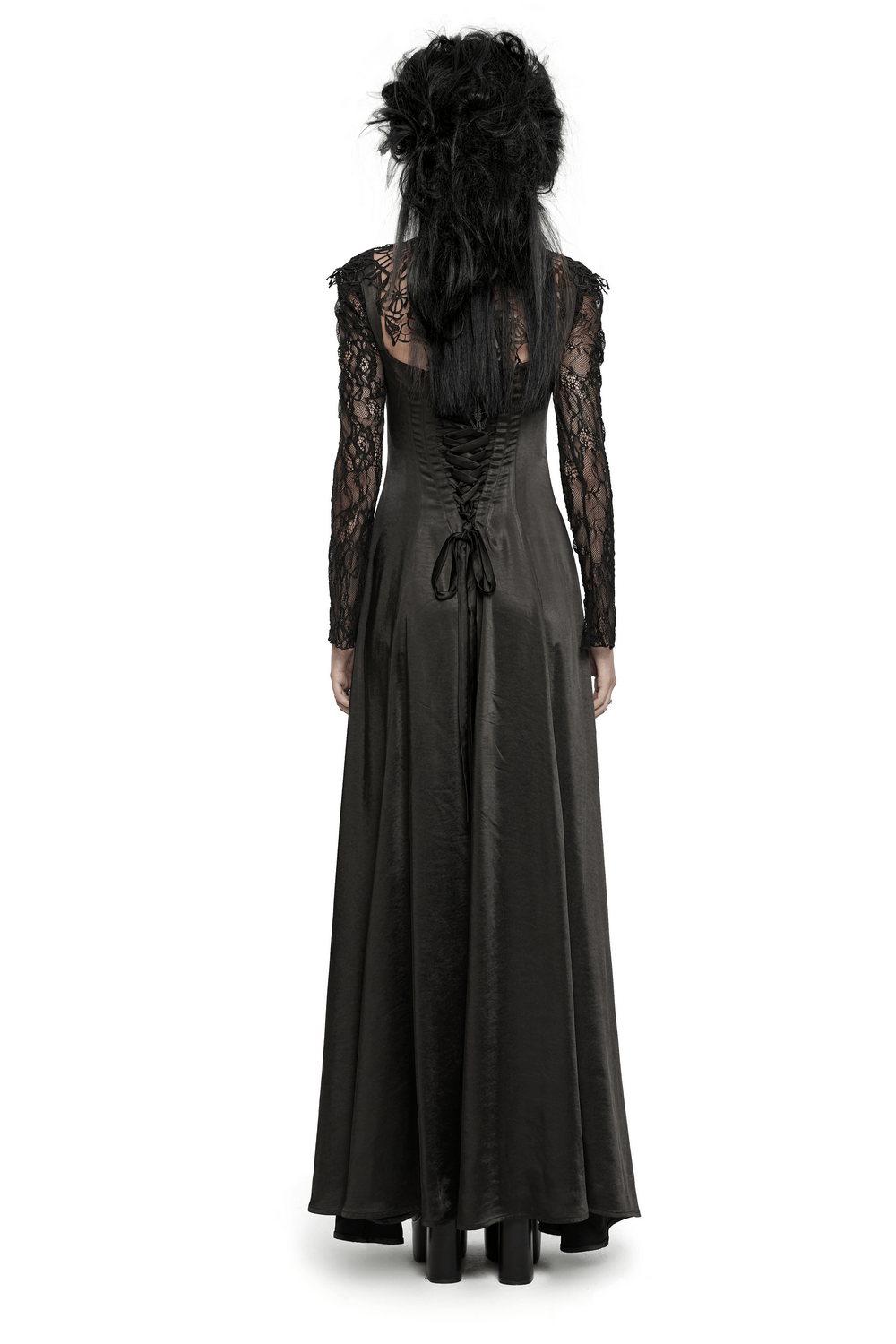 Back view of elegant long gothic dress with lace sleeves and drawstring detail, showcasing its sleek draped fabric.