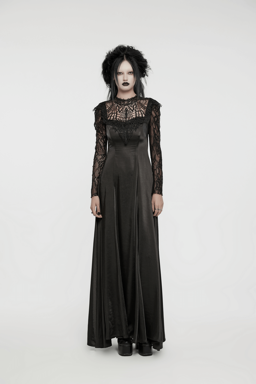 Elegant long gothic dress with lace sleeves, draped fabric, and intricate floral mesh details.