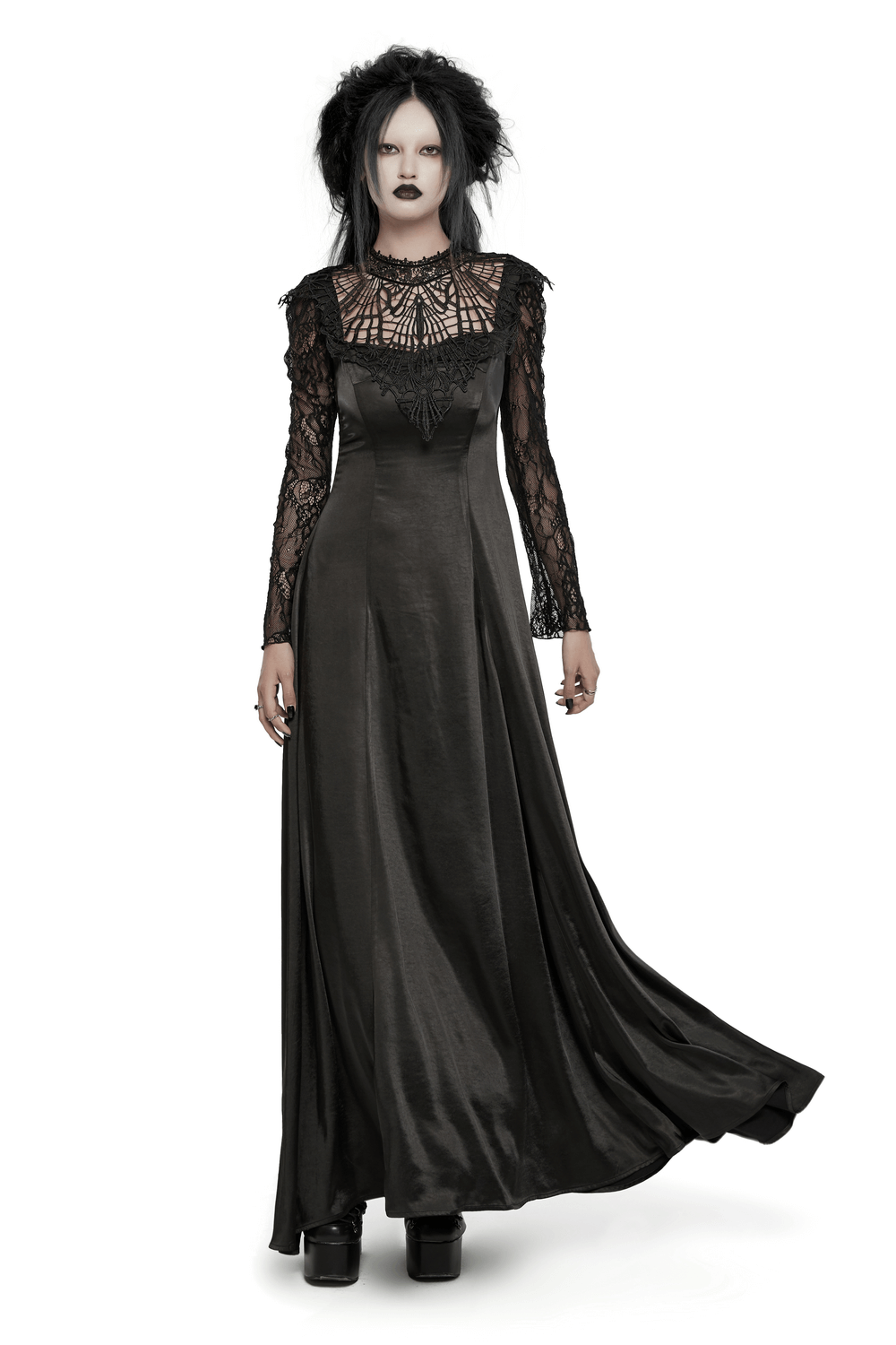 Elegant long gothic dress with lace sleeves and flowing fabric, featuring a drawstring back and pearl button details.