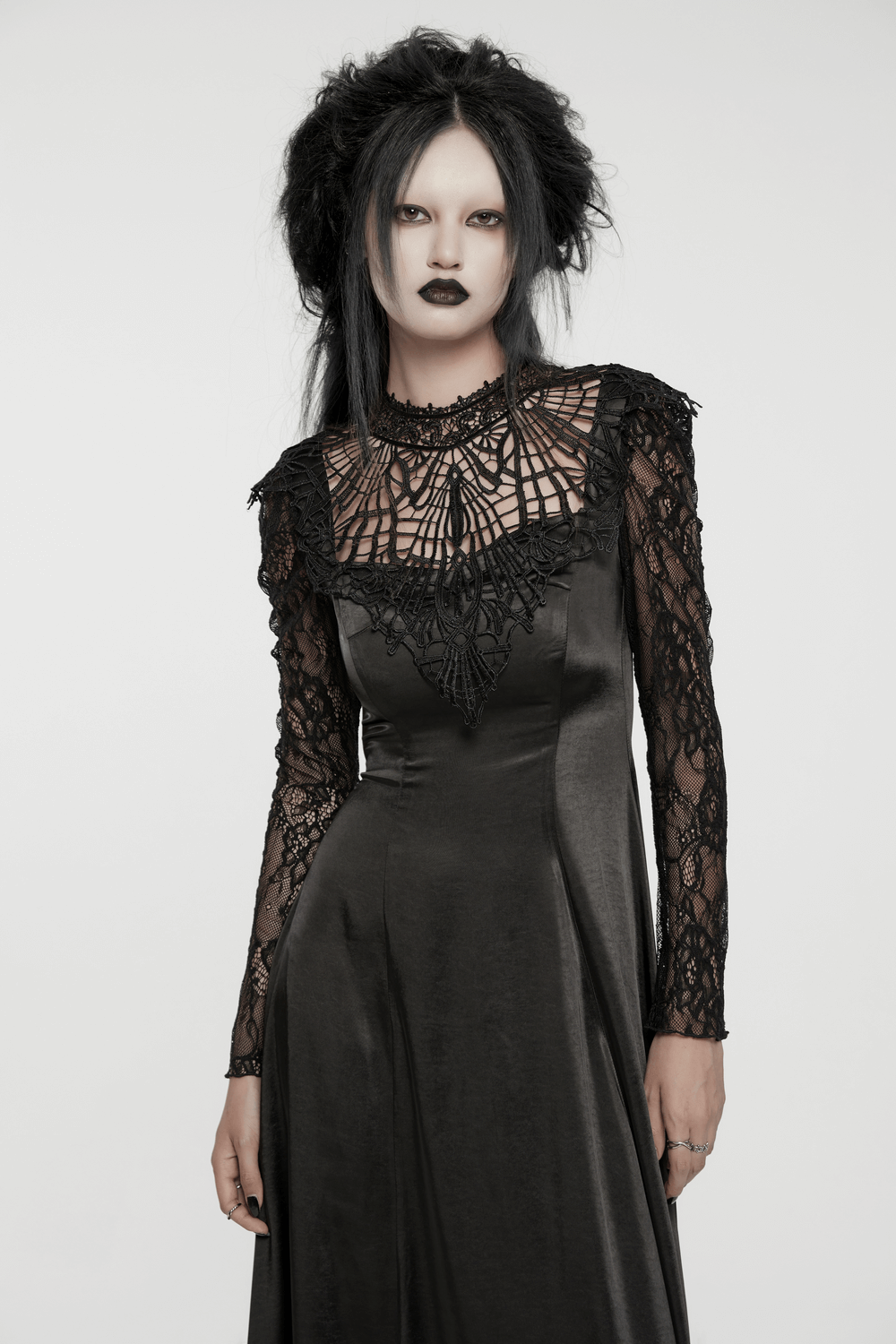 Elegant Gothic dress with lace sleeves and a drawstring back, showcasing intricate floral mesh and dramatic styling.