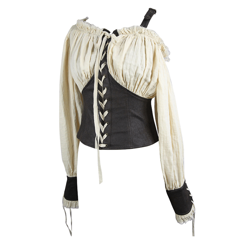 Long sleeve beige vintage blouse with lacing, off one shoulder, perfect for alternative fashion lovers.
