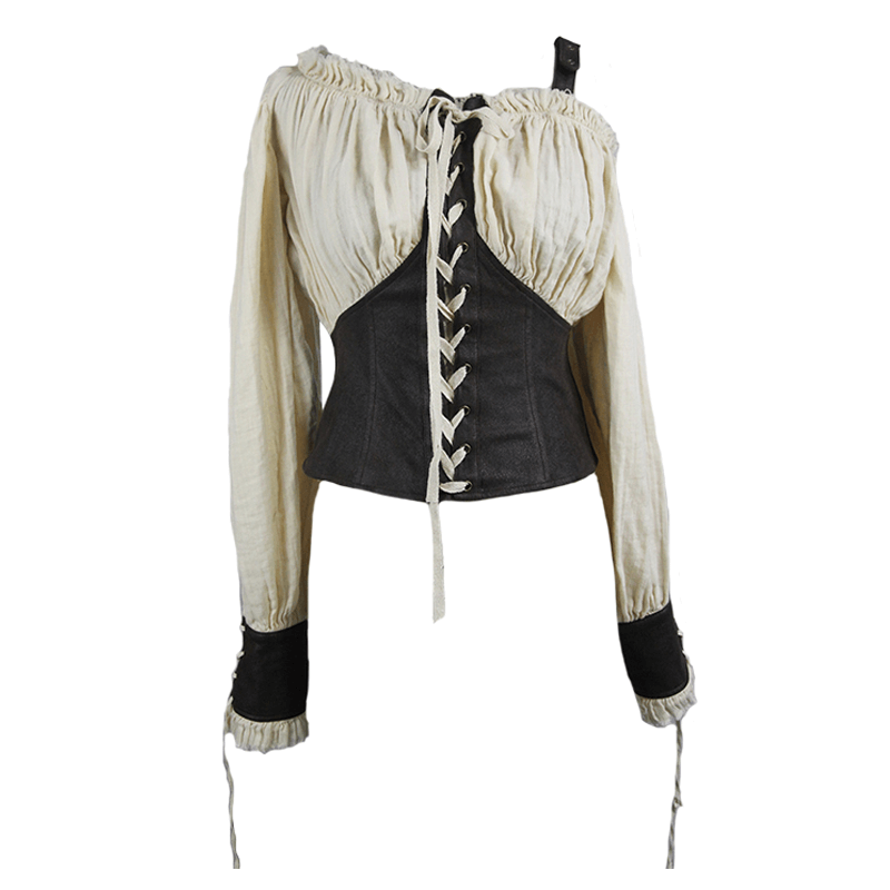 Long sleeve beige vintage blouse with front lacing and off-shoulder design, perfect for alternative fashion lovers.