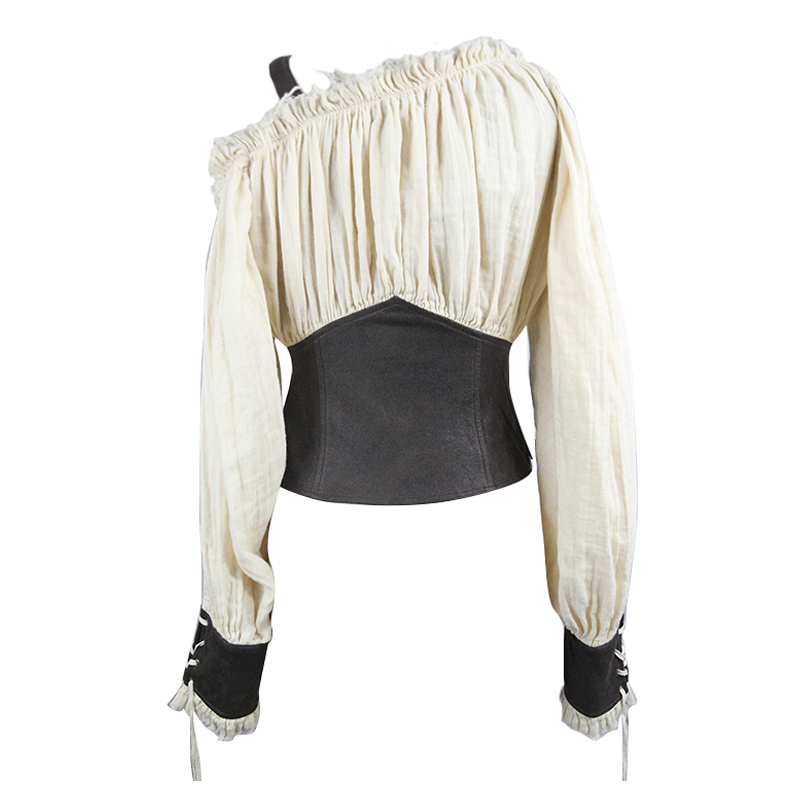 Back view of a sexy off one shoulder beige blouse with lacing, vintage style for women's alternative fashion.