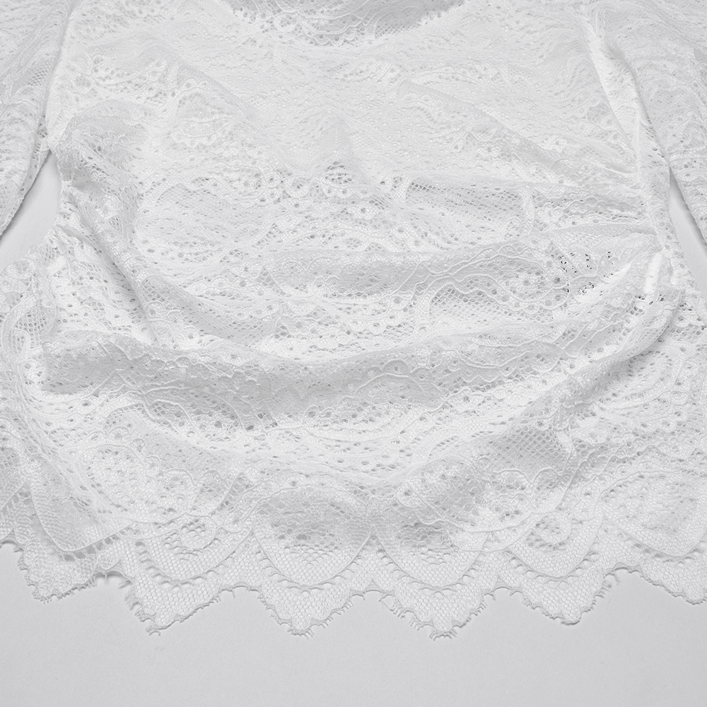 Elegant long-sleeved white lace evening blouse for women, featuring intricate floral patterns and ruffled hem.