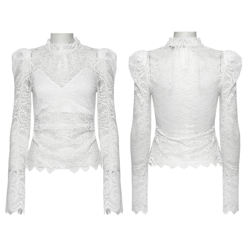 Long-sleeved white lace evening blouse for women, featuring ruffled stand collar and elegant bubble sleeves.