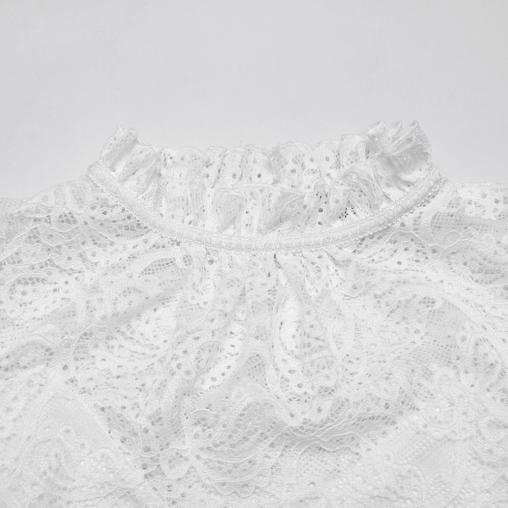 Close-up of the ruffled stand collar on a long-sleeved white lace blouse for women.