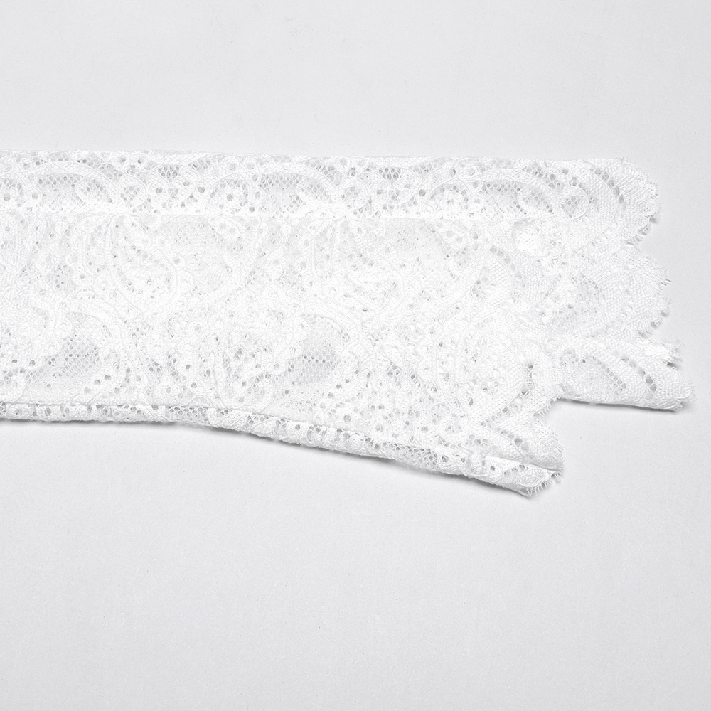 Elegant white lace fabric showcasing intricate floral patterns and delicate edges.