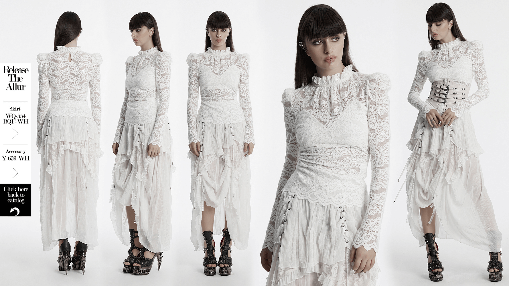 Elegant long-sleeved white lace blouse for women, featuring ruffled collar and dramatic bubble sleeves.